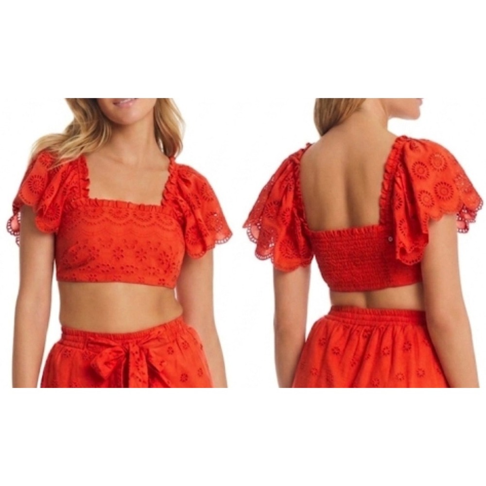 Red Carter Eyelet Ruffle Crop Top Red Puff Sleeve Swim Cover-up Size‎ Large NEW